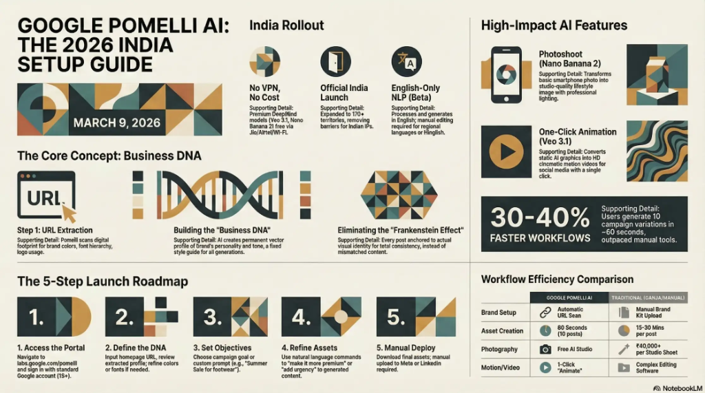 Google Pomelli AI India Setup Roadmap 2026 Google Pomelli AI: The 2026 India Setup Guide Infographic. Includes India Rollout details, High-Impact AI Features (Photoshoot, Animate), Core Concept: Business DNA, and the 5-Step Launch Roadmap.