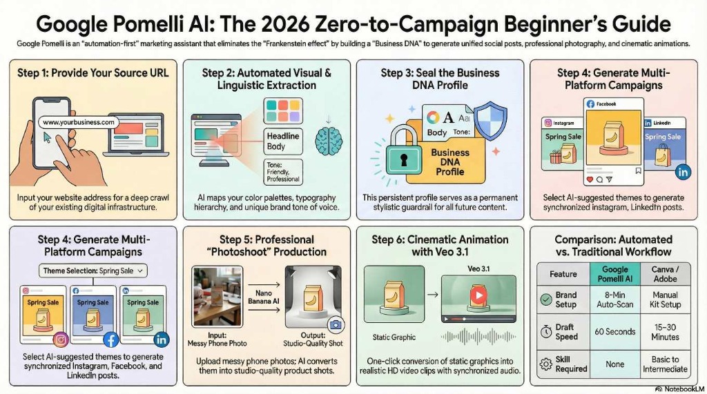 Google Pomelli AI Workflow Infographic 2026 Google Pomelli AI: The 2026 Zero-to-Campaign Beginner's Guide Infographic. Steps: 1. Source URL, 2. Brand Extraction, 3. DNA Profile, 4. Multi-Platform Campaigns, 5. Photoshoot, 6. Cinematic Animation.