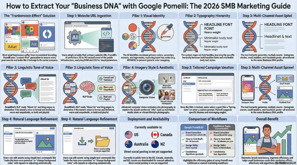 Google Pomelli AI Business DNA Extraction Workflow 2026 How to Extract Your Business DNA with Google Pomelli: The 2026 SMB Marketing Guide Infographic detailing URL Ingestion, Campaign Ideation, and Output Generation