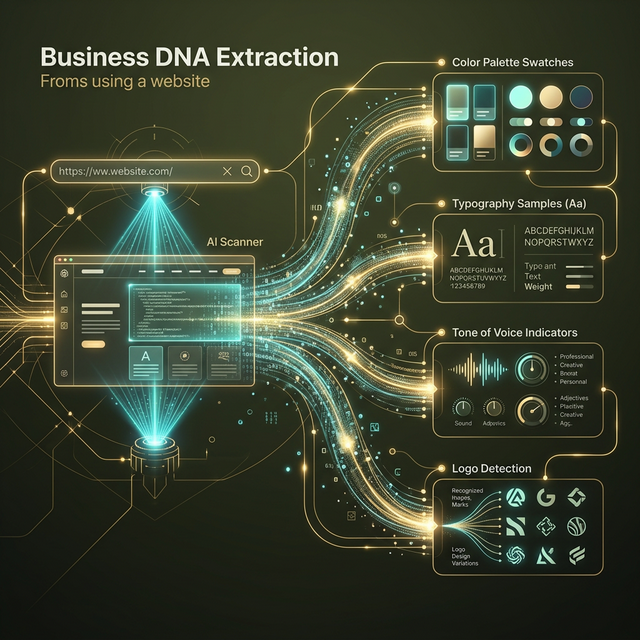 Pomelli AI Business DNA extraction process - website URL scanning to extract brand colors, fonts, typography, tone of voice, and visual identity automatically