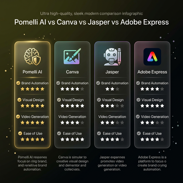 Google Pomelli AI vs Canva vs Jasper AI vs Adobe Express comparison chart - brand automation, visual design, video generation, and ease of use ratings