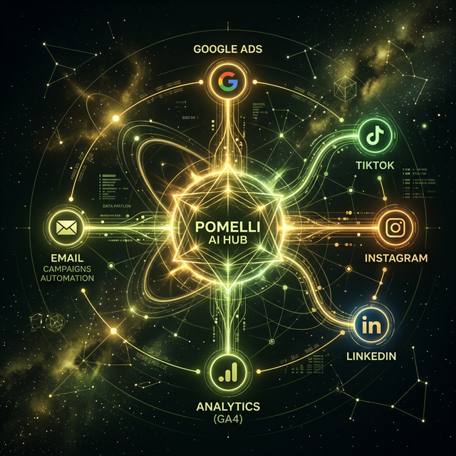 Future Google Pomelli AI marketing ecosystem - centralized hub connected to Google Ads Manager, GA4 Analytics, Instagram, TikTok, LinkedIn, and email with automated data flow