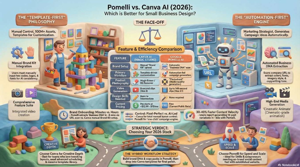 Google Pomelli vs Canva Magic Studio Diagram Pomelli vs Canva AI Comparison Infographic 2026 - Feature and Efficiency Showdown for Small Businesses